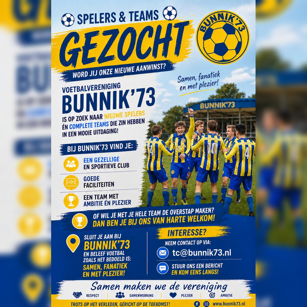 Bunnik'73 zoekt nieuwe senioren spelers!
