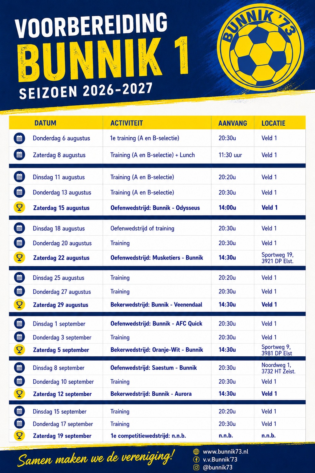 Voorbereiding Bunnik'73 1 seizoen 2026-2027